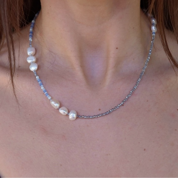 Jewelry - Handmade Freshwater Pearl & Genuine Crystal Necklace | Blue Accent | Gold Toggle